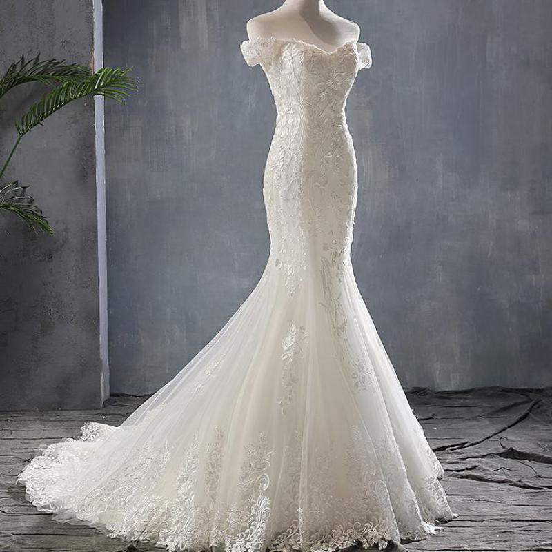 Vestito da Sposa Scollo Barchetta con Spalle Scoperte 2023 - Vestito da Sposa con Coda a Sirena, Applicazioni di Lusso