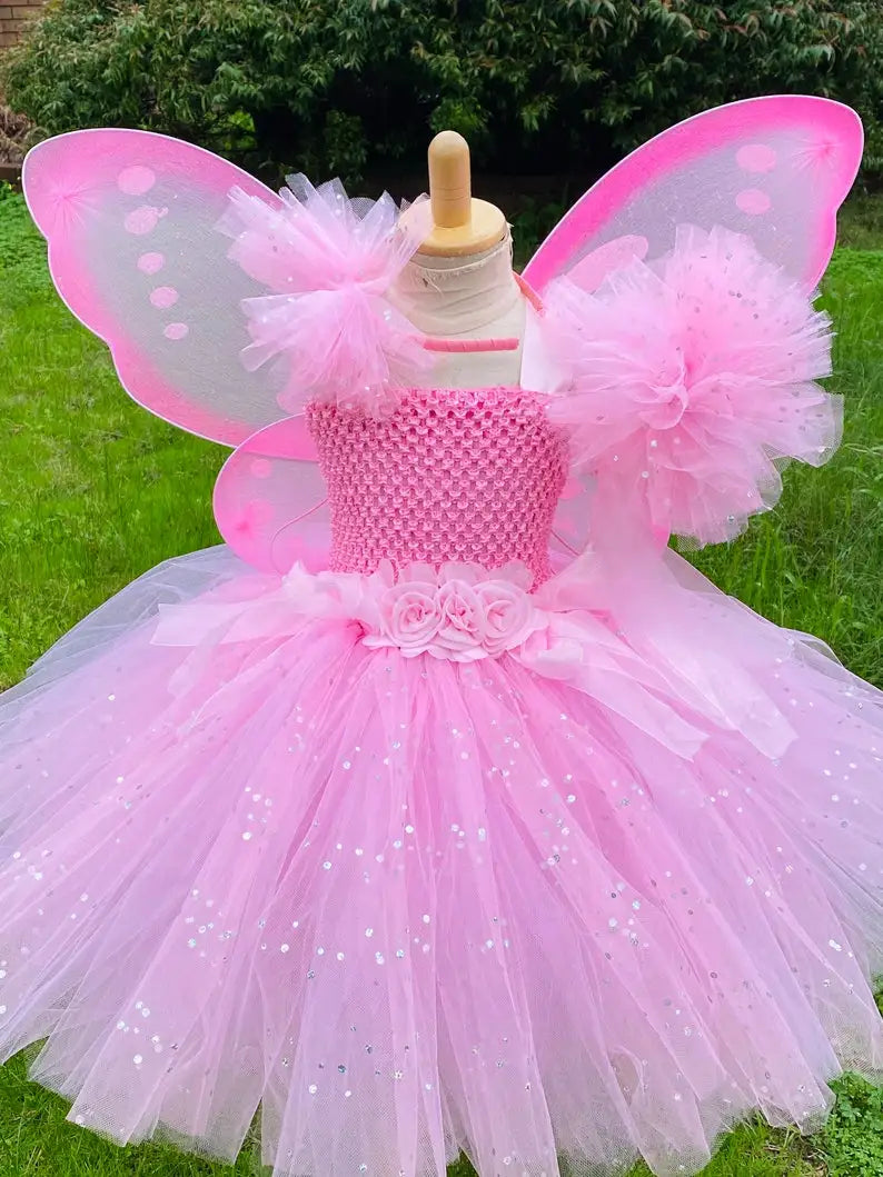 Vestito da Fata Rosa per Bambine: Abito con Tutu Glitterato, Fiori, Ali e Bacchetta - Costume Compleanno e Halloween