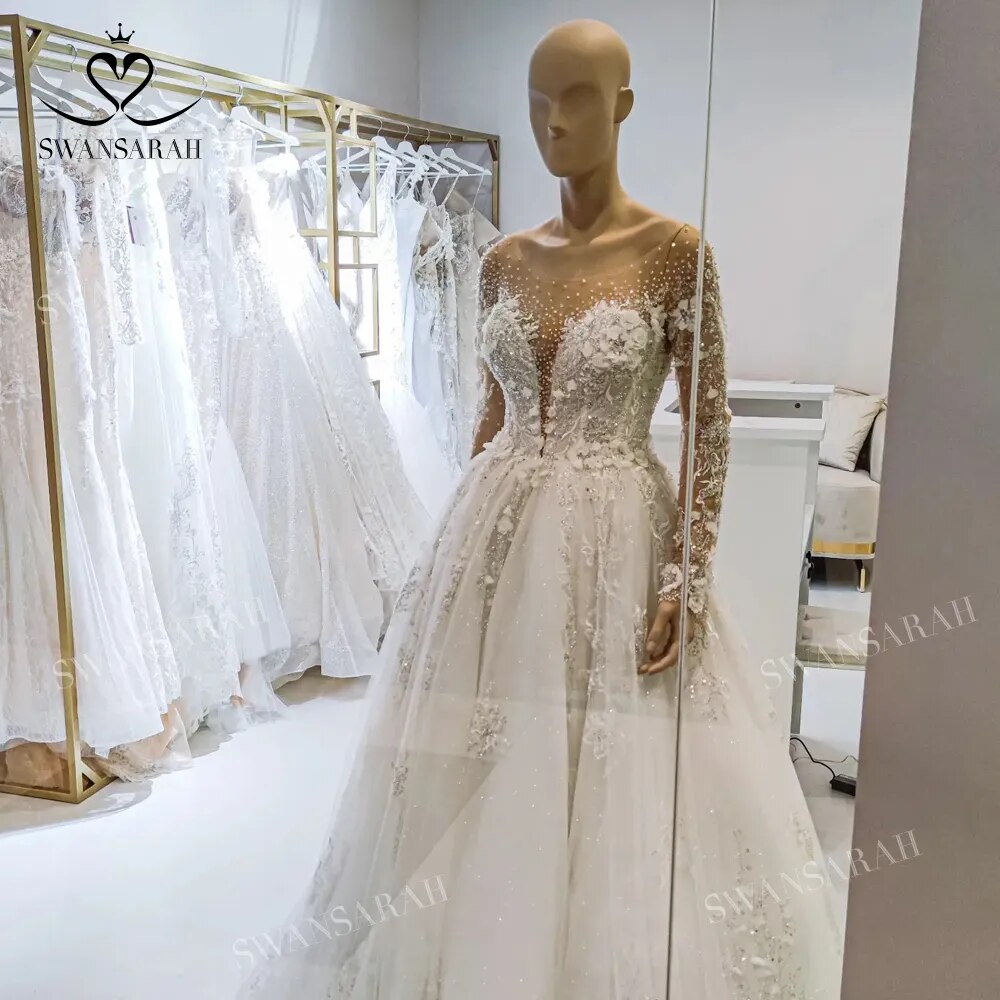 Abito da Sposa di Lusso 2023 con Perline, Maniche Lunghe, Pizzo e Appliques, Stile Principessa