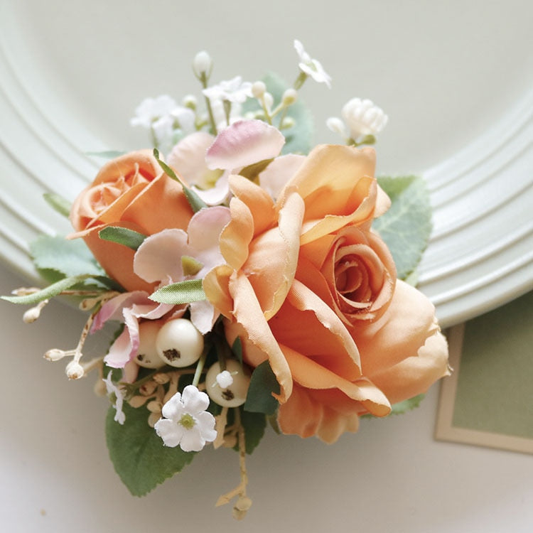 4 pezzi polso fiore corpetto damigella d'onore fiore fatto a mano seta artificiale rosa braccialetto fiori per la festa nuziale - Bridetobe.it