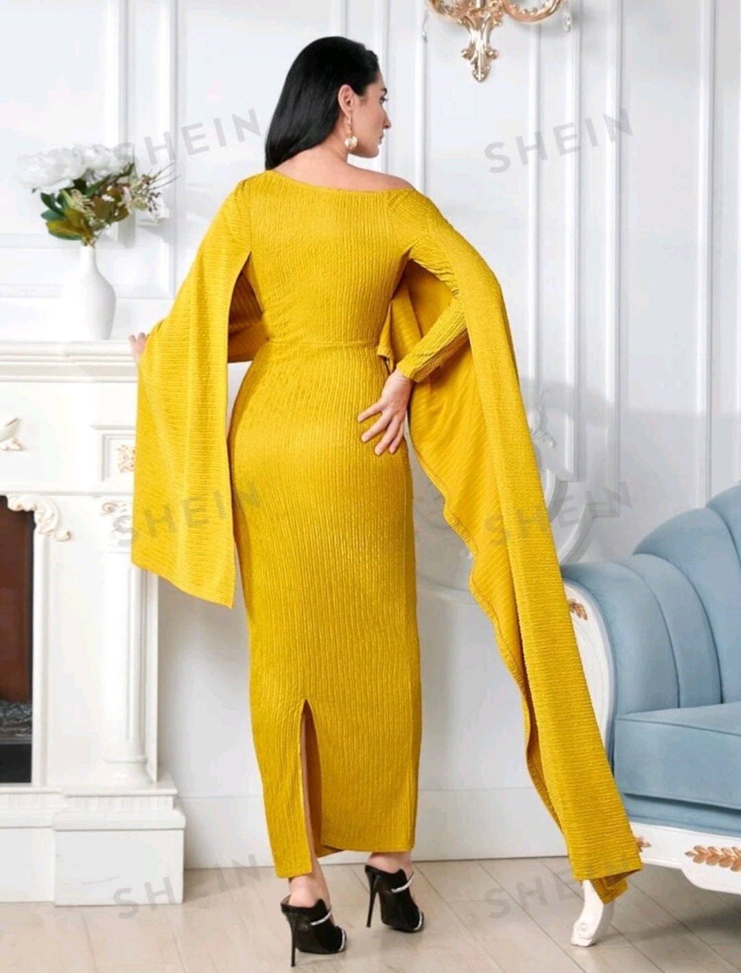 Shein Modely Asymmetric Collar Cape Sleeve Bodycon Dress