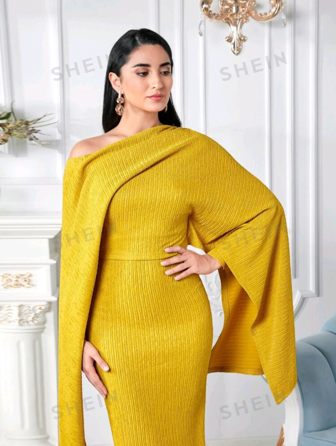 Shein Modely Asymmetric Collar Cape Sleeve Bodycon Dress