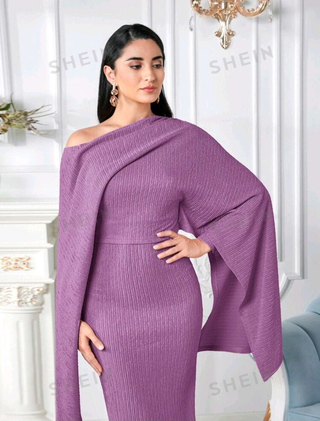 Shein Modely Asymmetric Collar Cape Sleeve Bodycon Dress