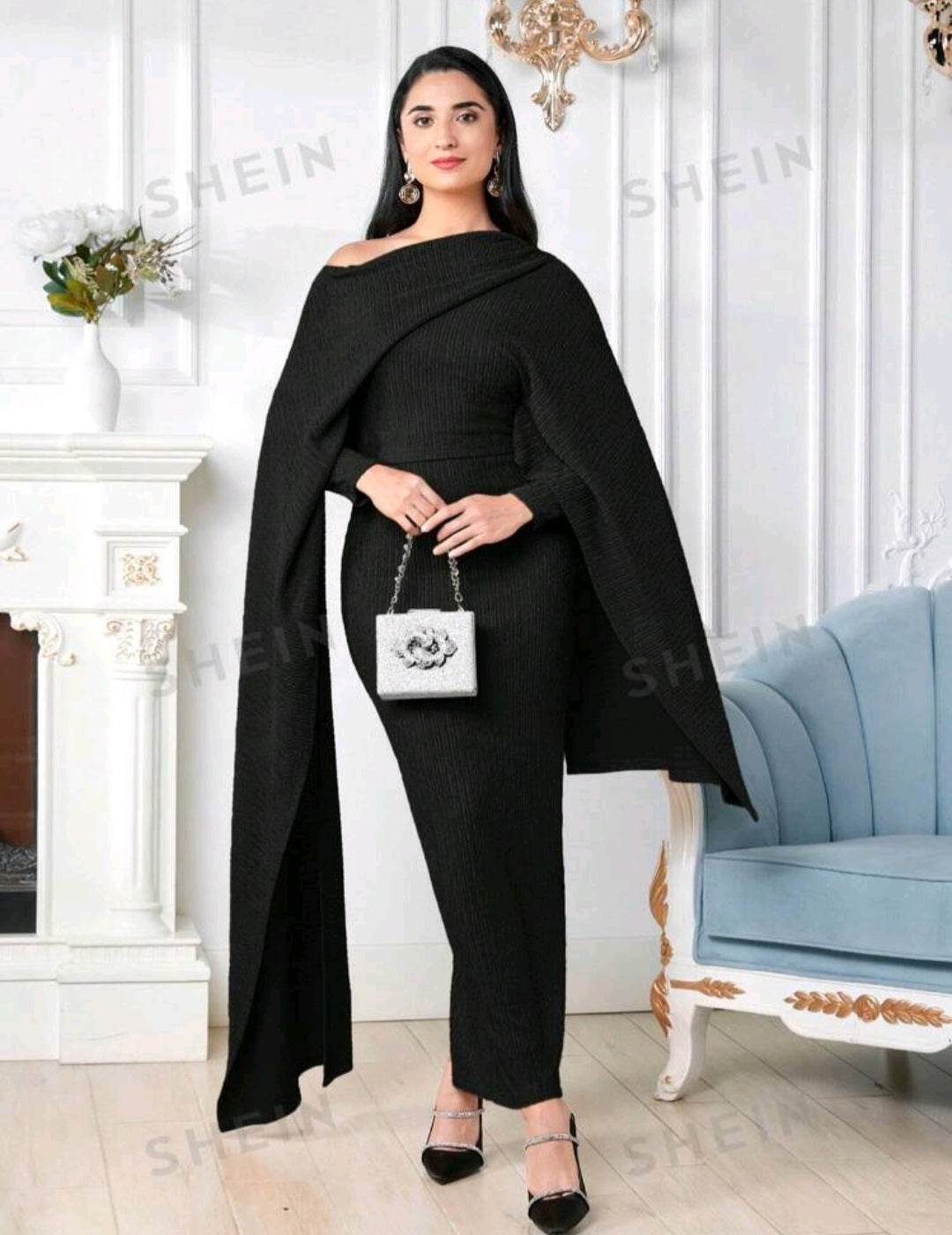 Shein Modely Asymmetric Collar Cape Sleeve Bodycon Dress