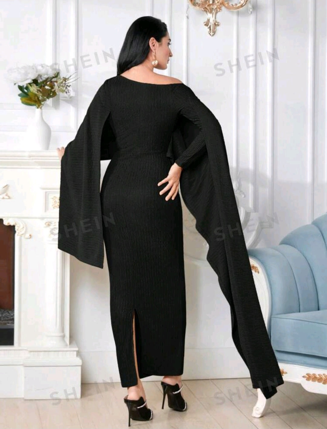 Shein Modely Asymmetric Collar Cape Sleeve Bodycon Dress