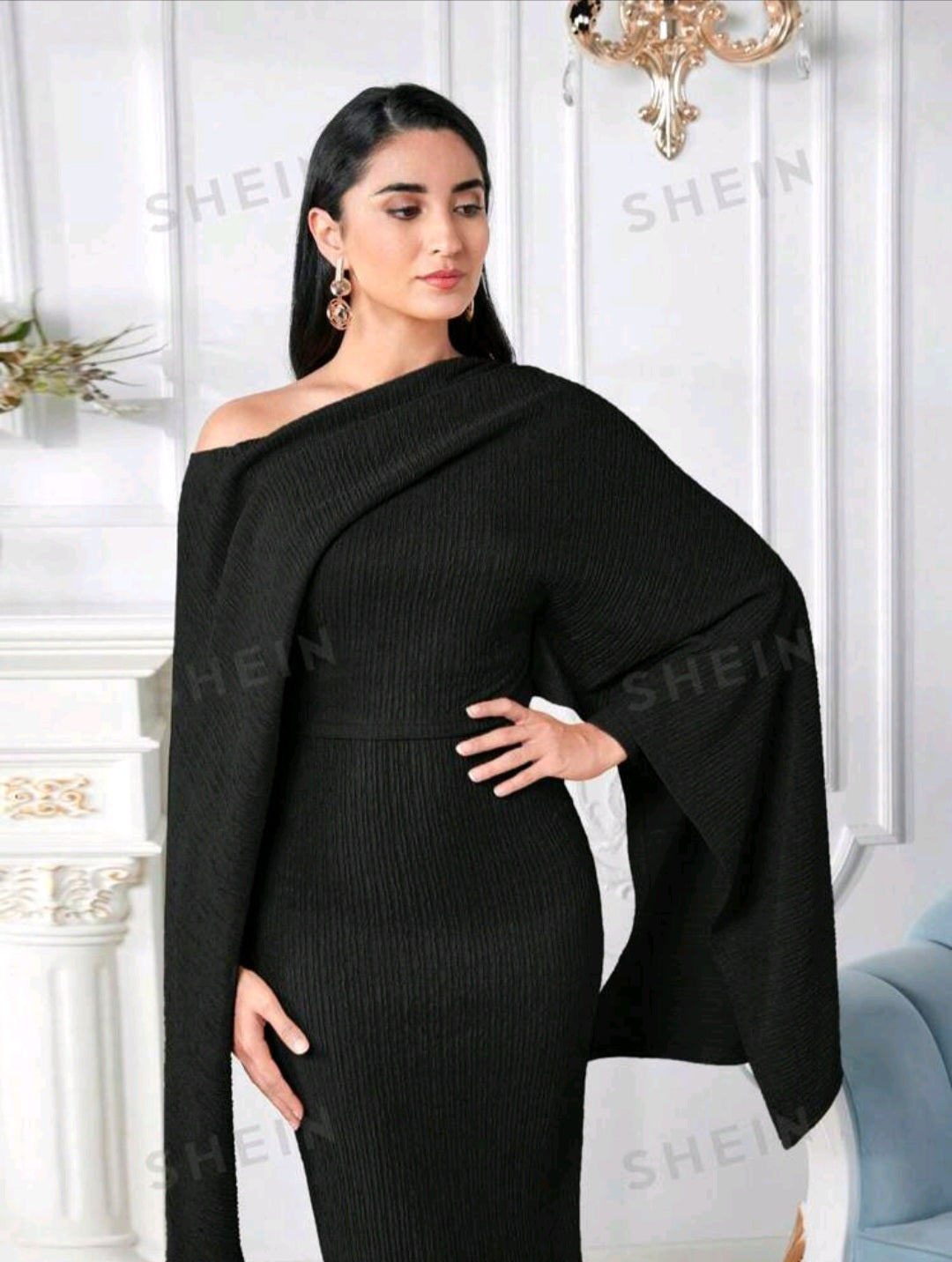 Shein Modely Asymmetric Collar Cape Sleeve Bodycon Dress