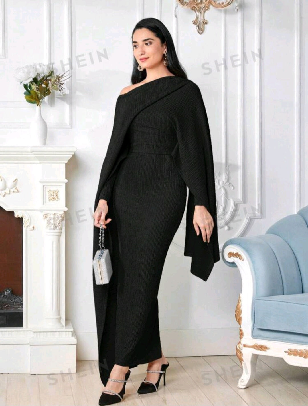 Shein Modely Asymmetric Collar Cape Sleeve Bodycon Dress