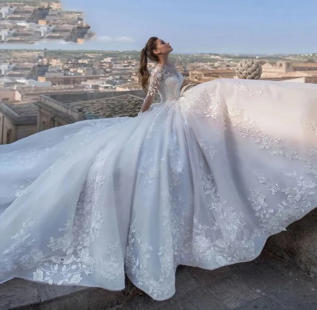 Abito da Sposa 2023 Principessa in Tulle con Maniche Lunghe e Schiena Scoperta, con Delicati Ricami in Pizzo, dallo Stile Elegante e Illusorio - Bridetobe.it