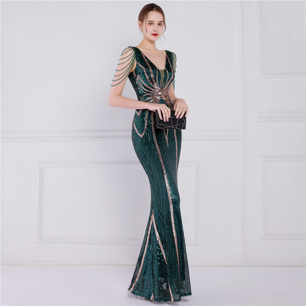 Abito da sera lungo da damigella d'onore con paillettes verde 2023 Abito da cerimonia con perline di lusso Abito da sera elegante da donna Abito lungo da donna chic - Bridetobe.it