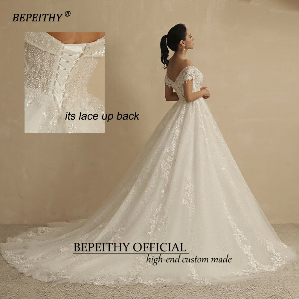 Abito da Sposa Principessa con Glitter per Donne 2023 - Abito da Sposa Boho in Pizzo Senza Maniche Elegante