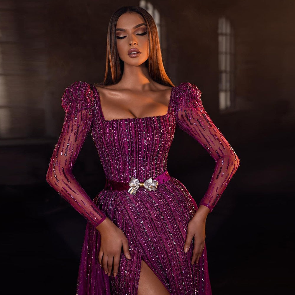 Luxury Dubai Fuchsia Evening Dress for Women Elegant Long Sleeve Overlay Arabic Formal Wedding Party Gown