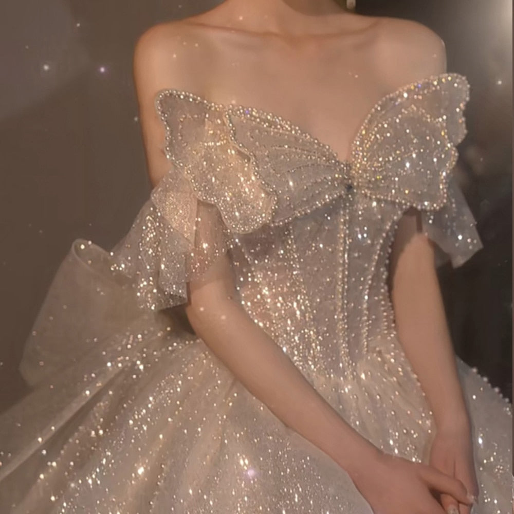 Abito da sposa Vestidos De Novia con perle a farfalla, scollo a cuore, schiena con lacci, super luminoso, con gonna svasata a cappella di 150 cm