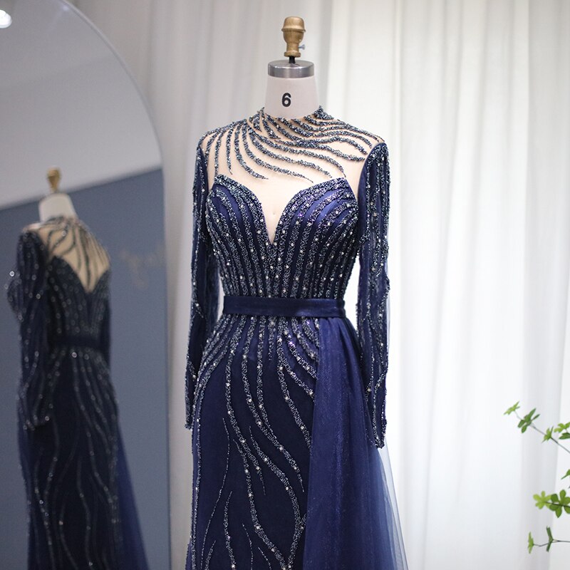 Abito da Sera di Lusso Blu Navy a Sirena con Gonna Staccabile: Eleganza Araba a Maniche Lunghe per Matrimoni e Eventi Speciali