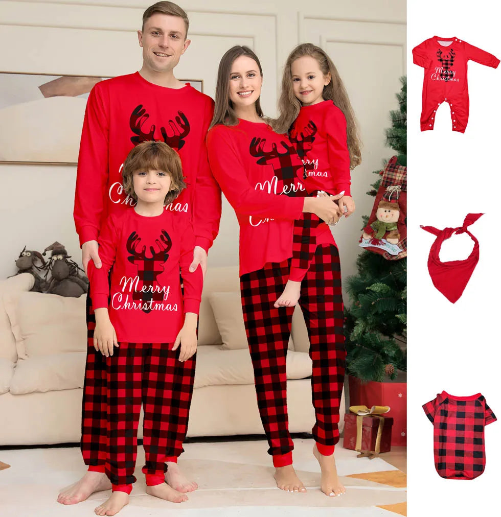 Pigiama Natalizio Coordinato per Famiglia – Stampa Babbo Natale, Elfo & Albero di Natale ecc | Set per Genitori, Bambini e Animali Domestici | Maglia e Pantaloni Scozzesi