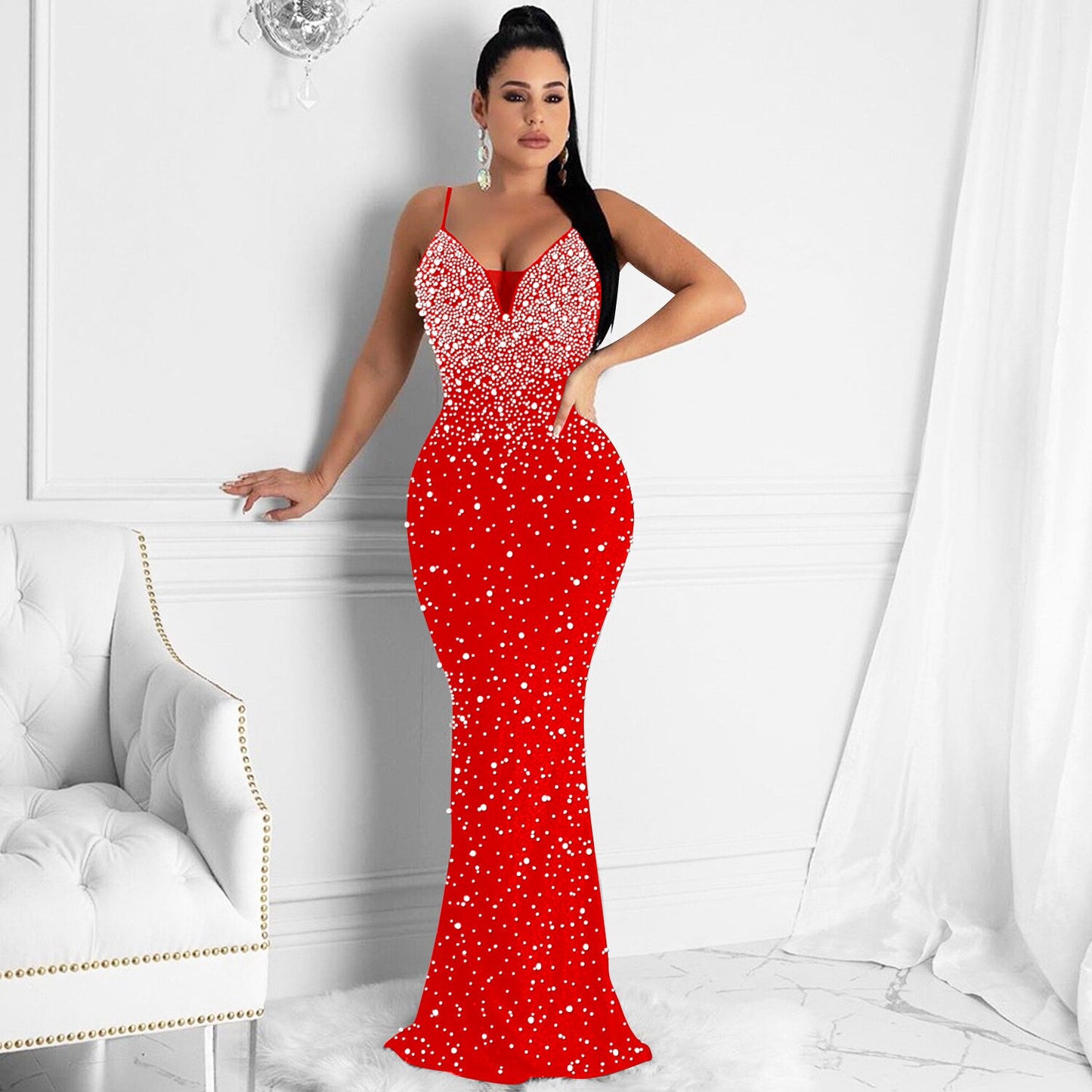 Bellissimo abito lungo con strass con perle aperte sul retro, abiti da festa in cristallo eleganti da donna estivi, abiti da compleanno - Bridetobe.it