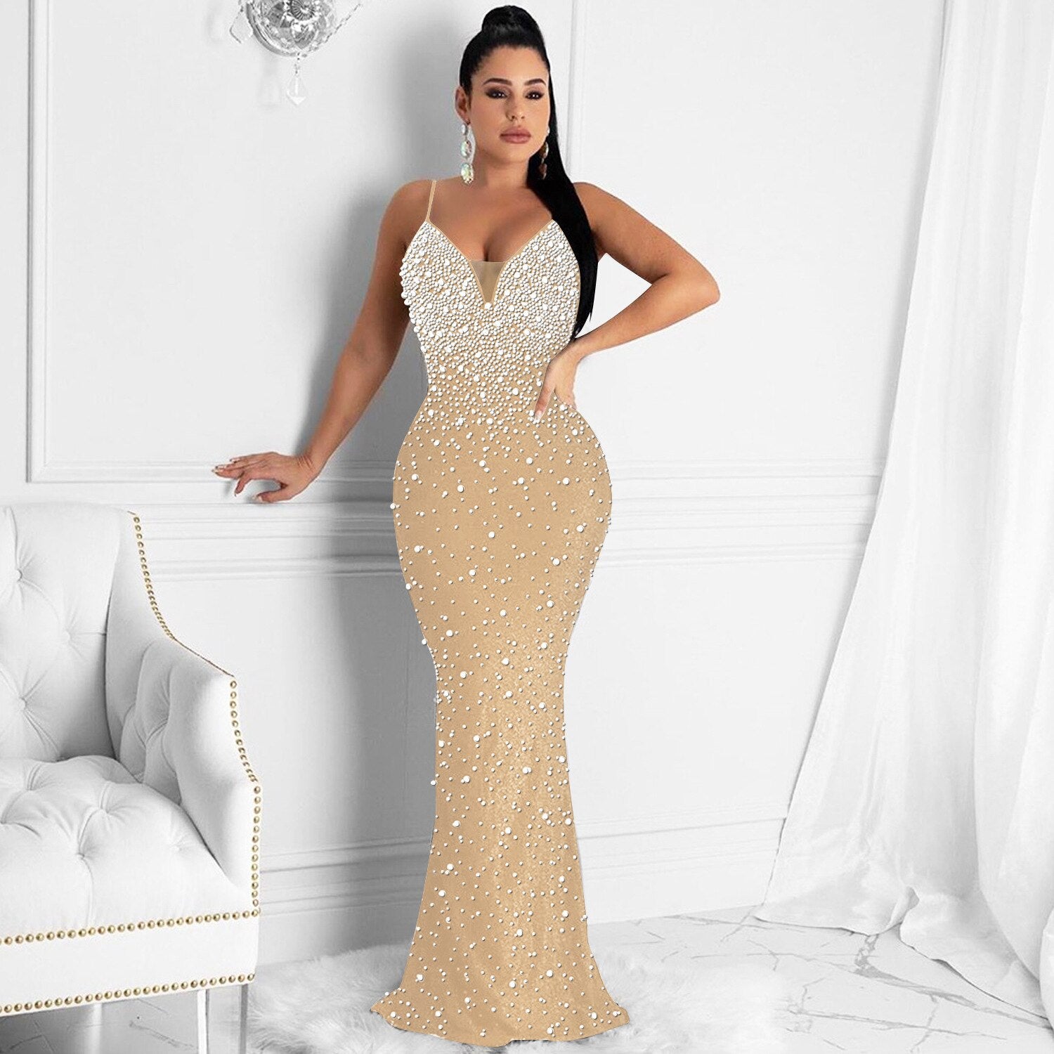 Bellissimo abito lungo con strass con perle aperte sul retro, abiti da festa in cristallo eleganti da donna estivi, abiti da compleanno - Bridetobe.it