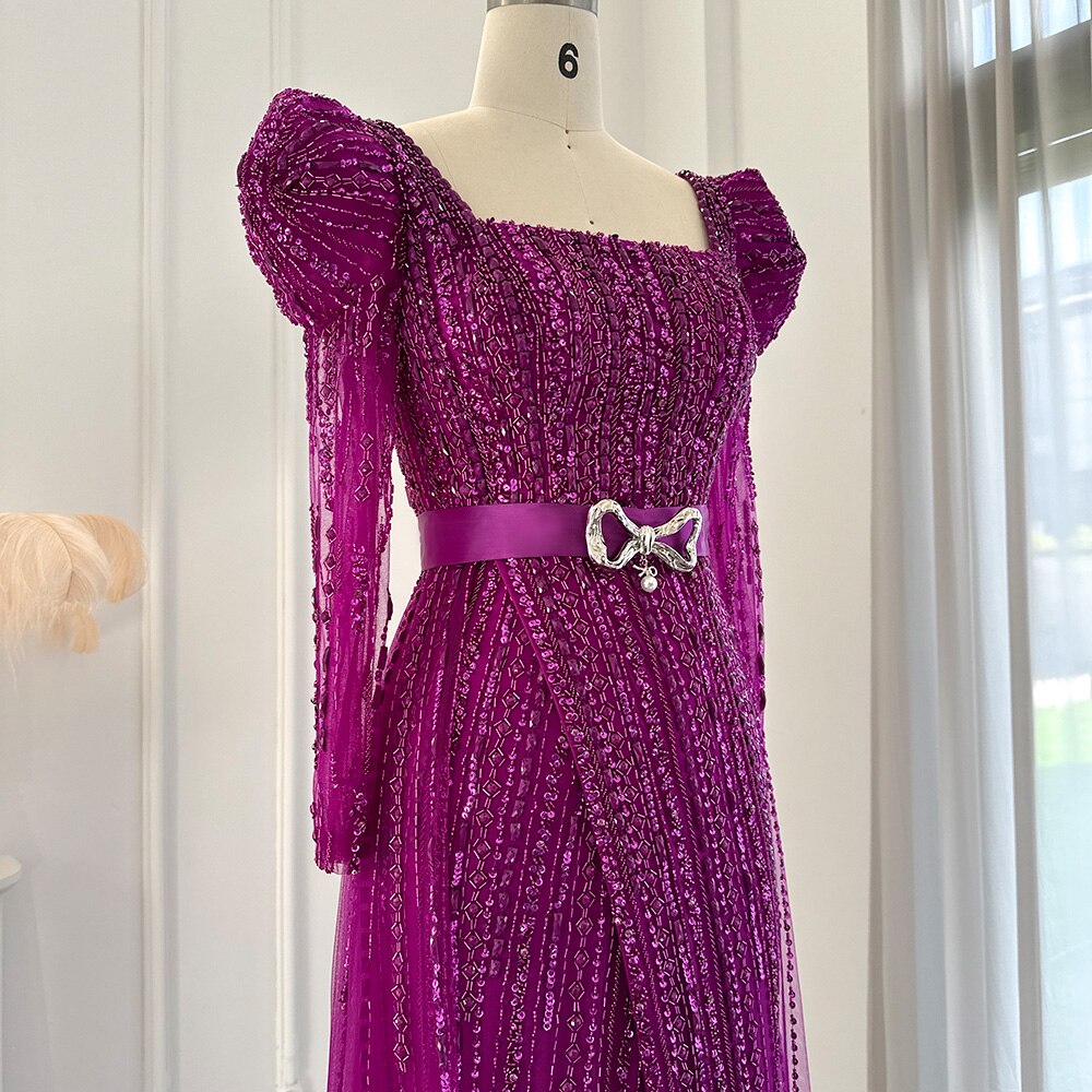 Abito da sera di lusso a Dubai fucsia per donna, elegante con maniche lunghe e sovrapposizione, abito formale arabico per feste di nozze