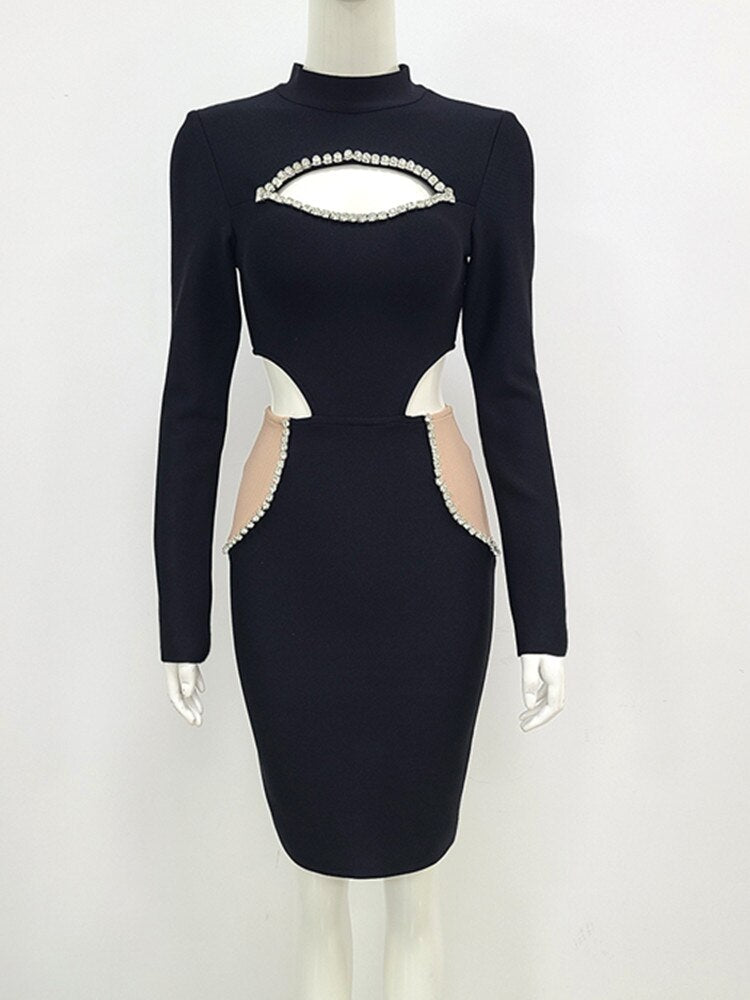 Women Summer Sexy Long Sleeve Key Hole Mesh Beading Crystal Diamonds Black Bandage Dress 2022 Elegant Evening Club Party Dress - Bridetobe.it