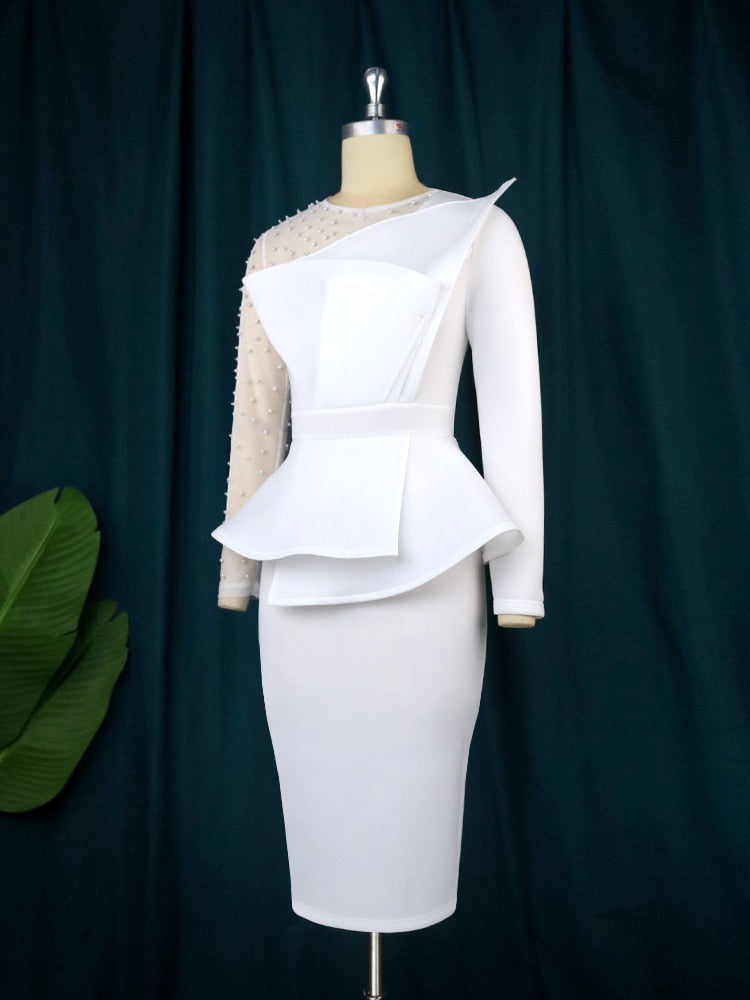 Abito da festa bianco da donna Sexy manica lunga con perline Patchwork peplo Elegante lunghezza al ginocchio ospite di nozze Evento Abiti da sera africani - Bridetobe.it