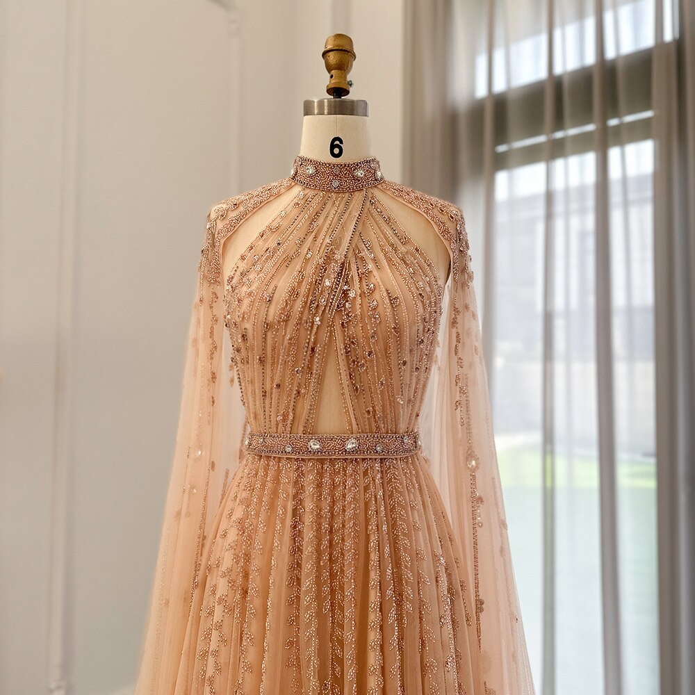 Luxury Dubai Evening Dress with Cape Sleeves