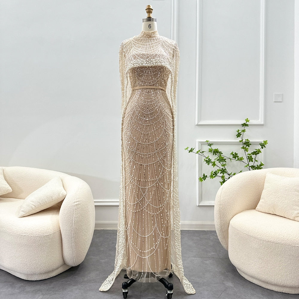 Gorgeous Dubai Luxury Pearl Champagne Evening Dresses with Cape - New Collection 2023 for Arabic Weddings and Women Gala Parties