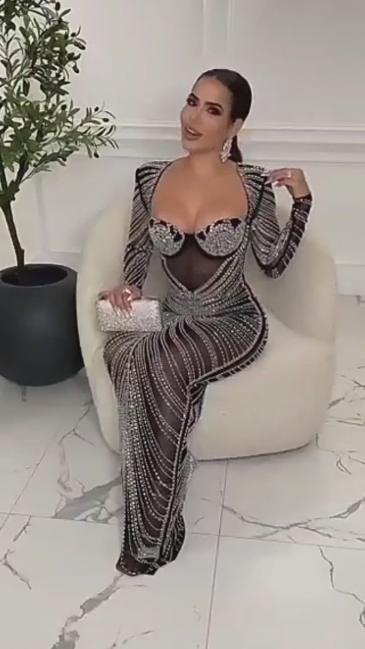 Sexy Rhinestone Crystal Mesh Sheer Maxi Dress. Women Long Sleeve Club Wear Maxi Dress