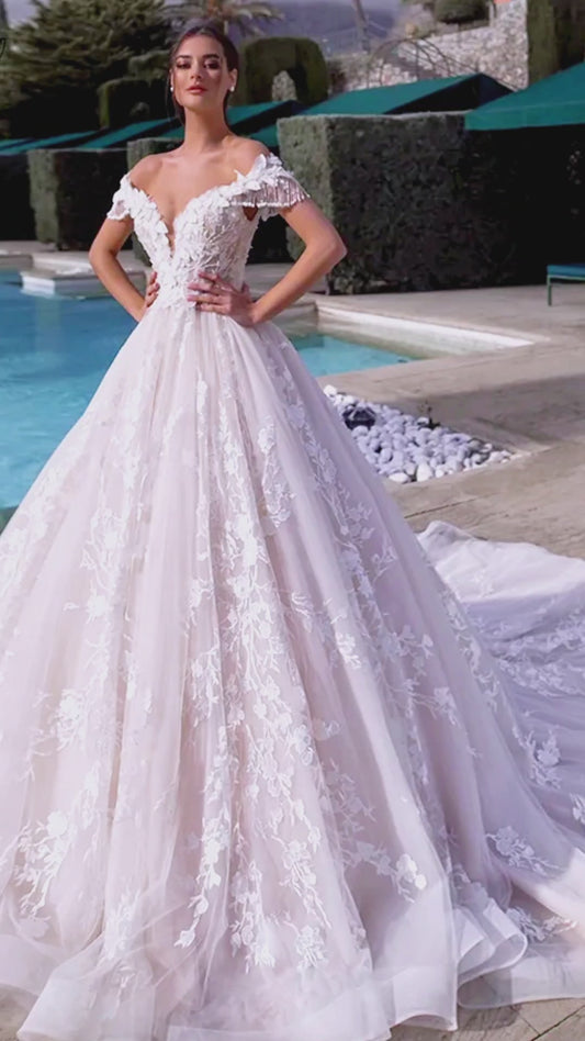 Luxury Wedding Dress 2023 Off Shoulder High Quality Tulle Organza Beaded Flowers Lace-up Princess Bridal Gown