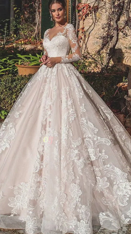 A-line tulle wedding dress with vintage bateau neckline, long sheer sleeves, appliques and train, Sexy Illusion model, luxury 2023.