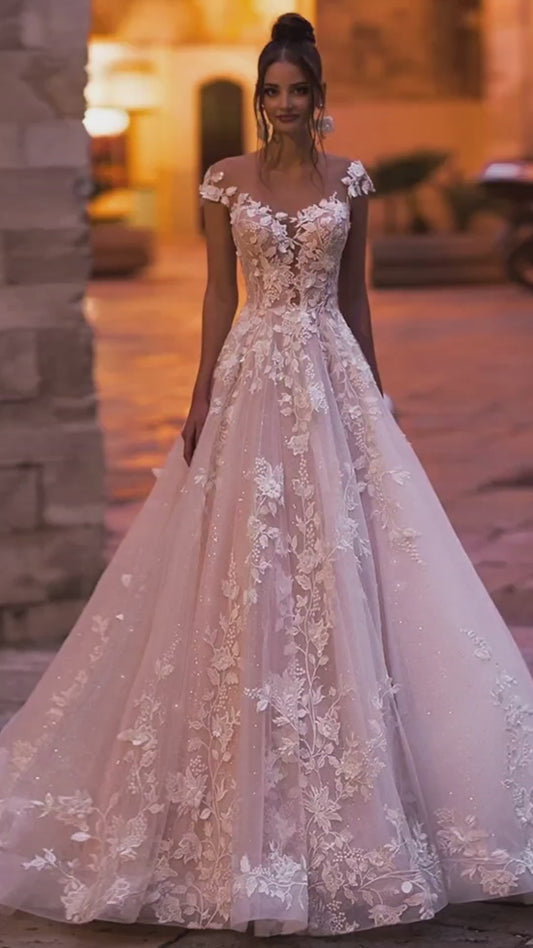 Elegant A-Line Wedding Dresses for Women Backless Lace Appliques Beaded Princess Bridal Gowns