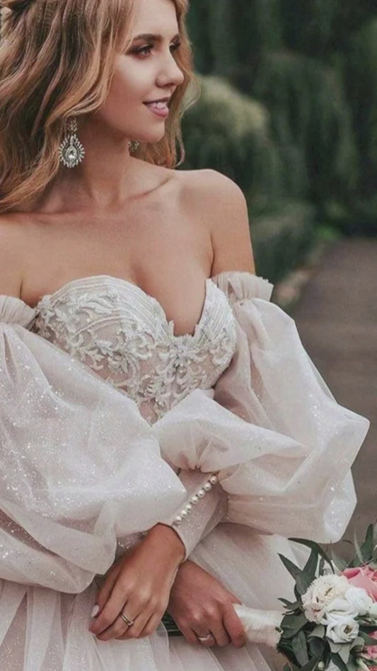 Abito da sposa boho 2023 rosa sporco con maniche a sbuffo staccabili e pizzo scintillante