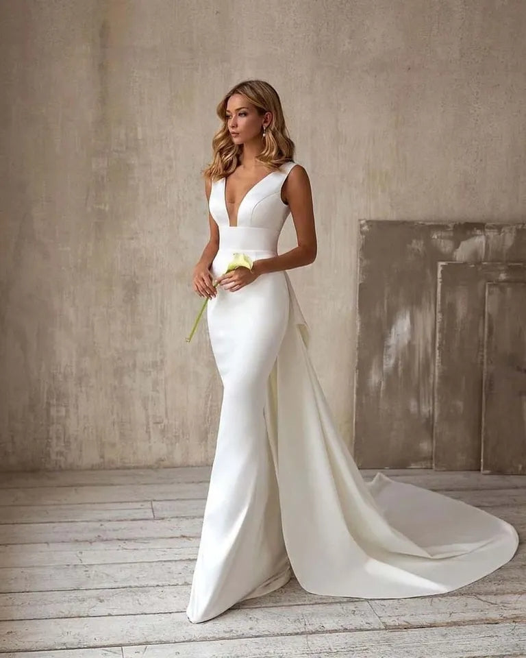 Abito da sposa elegante a sirena economico con scollo a V fiocco staccabile  bianco avorio