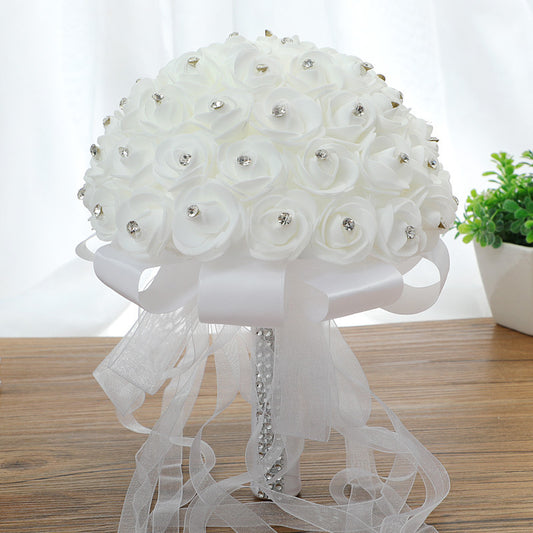 Bouquet da sposa fatto a mano con fiori artificiali in nastro di seta di rosa - Bridetobe.it