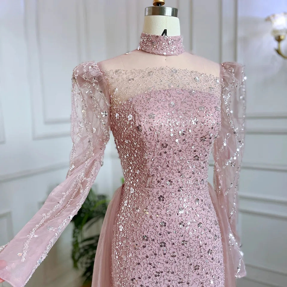Elegante abito da sera a sirena rosa per donna 2023 maniche lunghe collo alto perline paillettes abiti da cerimonia per ballo di fine anno - Bridetobe.it