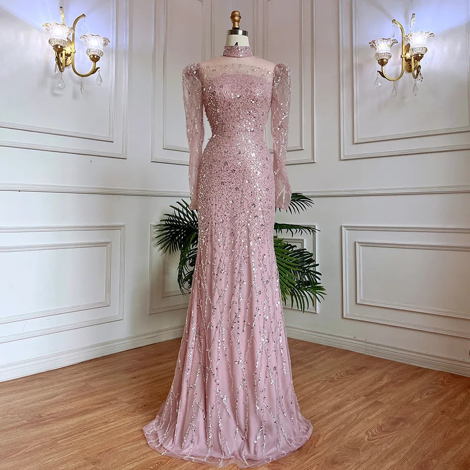 Elegante abito da sera a sirena rosa per donna 2023 maniche lunghe collo alto perline paillettes abiti da cerimonia per ballo di fine anno - Bridetobe.it