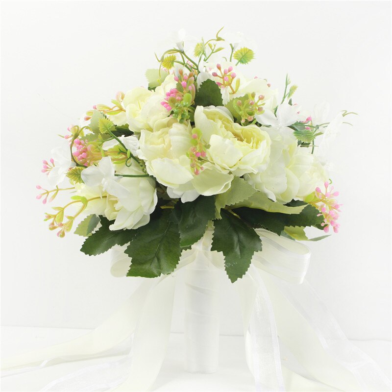 Bouquet da sposa in seta artificiale Champagne con 18 peonie e nastro di raso - Bridetobe.it