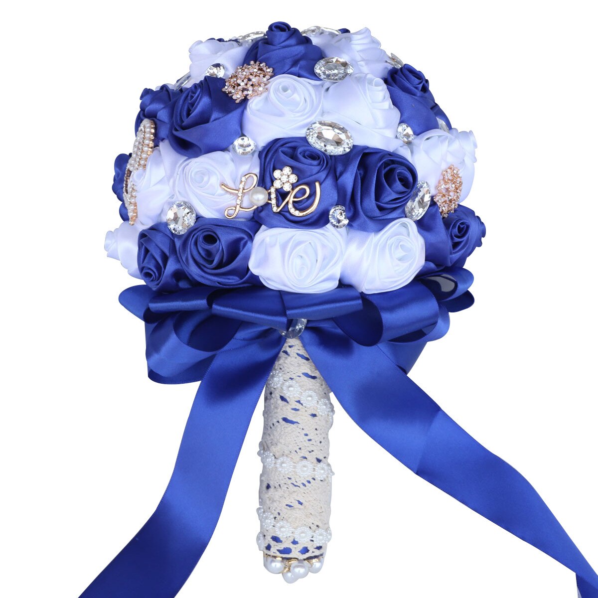 Bouquet sposa damigella fatto a mano con strass splendidi, pietre preziose, perle di diamante e rose di raso blu reale - Bridetobe.it