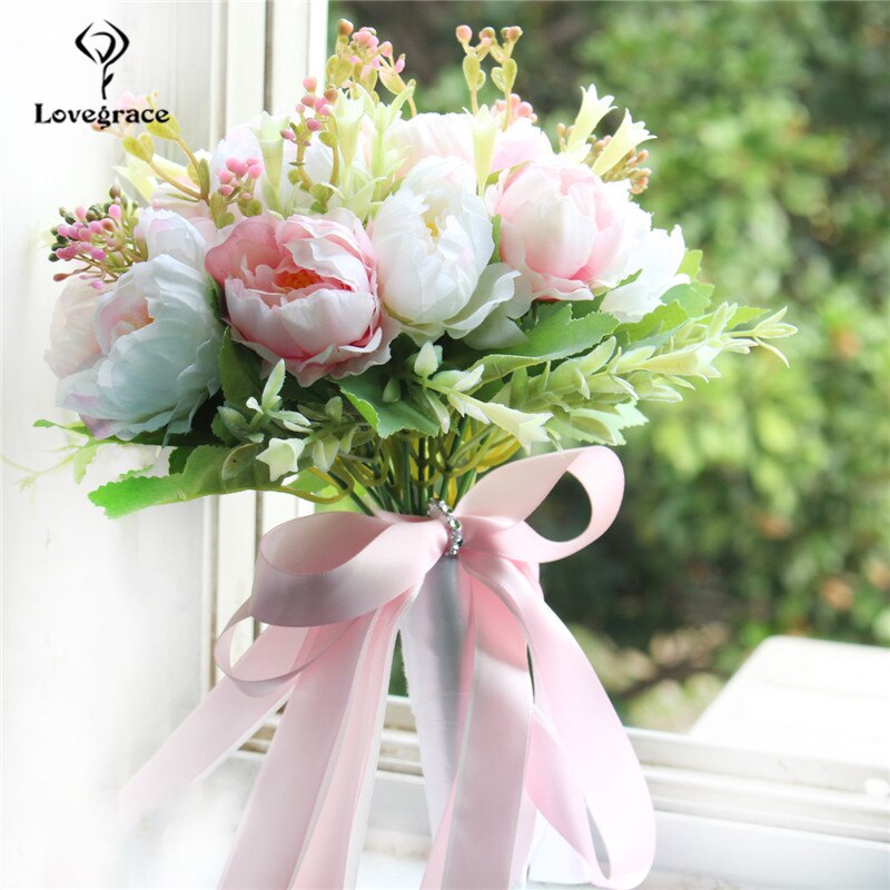 Bouquet da sposa in seta artificiale Champagne con 18 peonie e nastro di raso - Bridetobe.it