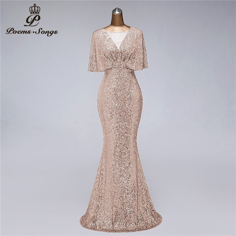 Abito lungo elegante con paillettes sexy, scollo a V e maniche corte - Bridetobe.it