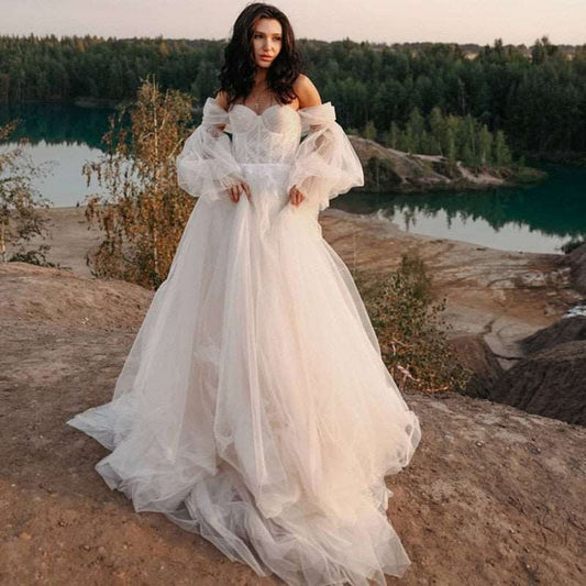 Abito da sposa da spiaggia 2023 in pizzo bohémien con maniche lunghe staccabili - Bridetobe.it