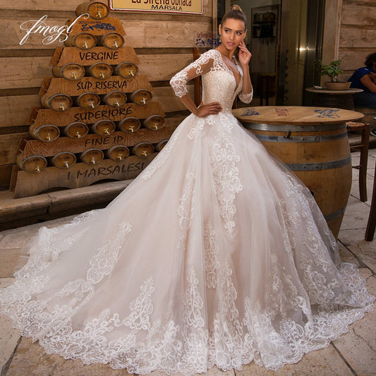 Luxurious 2023 Deep V-Neck Backless Lace Three-Quarter Sleeve Wedding Dress - An Enchanting Work of Art