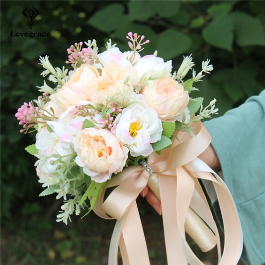 Bouquet da sposa in seta artificiale Champagne con 18 peonie e nastro di raso - Bridetobe.it