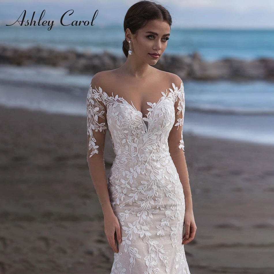 Abito da sposa a sirena 2023 Appliques senza schienale romantico Abito da sposa a maniche lunghe da spiaggia con scollo a cuore Vestidos De Novia - Bridetobe.it