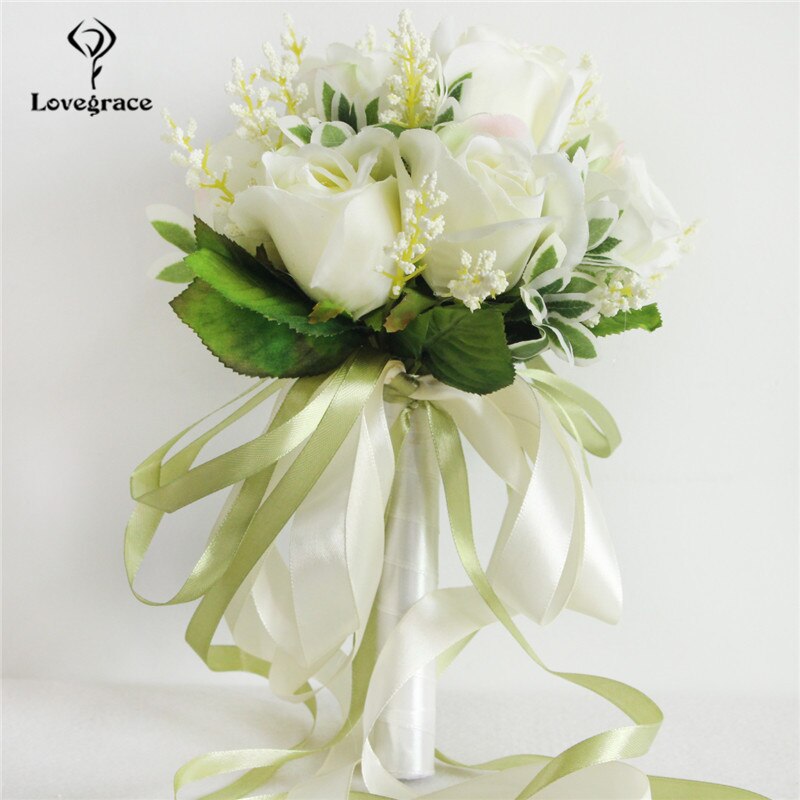 Bouquet da sposa in seta artificiale Champagne con 18 peonie e nastro di raso - Bridetobe.it