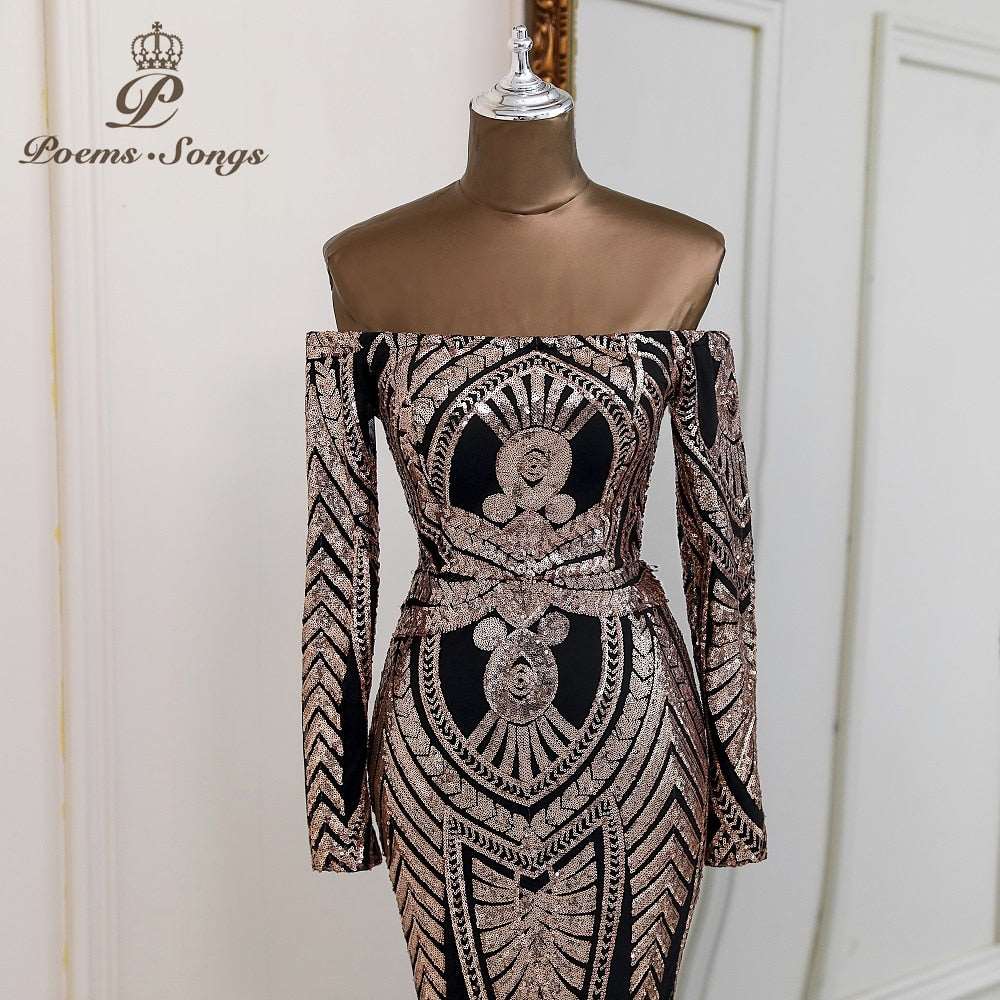 Abito cerimonia elegante a spalle scoperte con maniche lunghe e paillettes