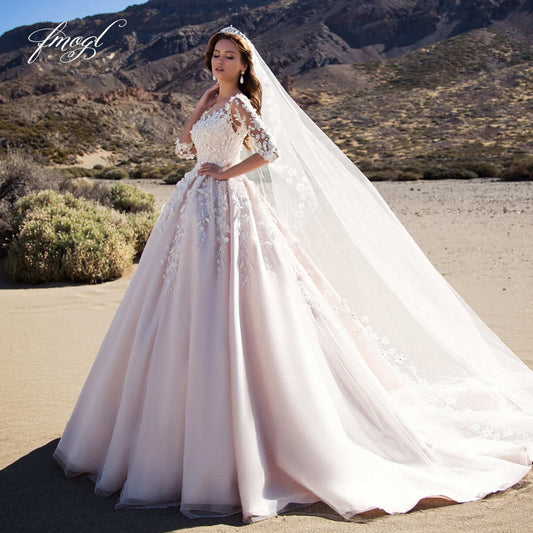 Vintage Illusion Half Sleeve Wedding Dress, Luxurious Lace, Lace Appliques and Embroidered Flowers, A-Line Skirt with Court Train