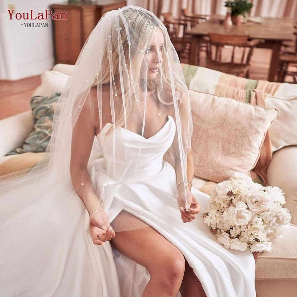 Velo da sposa con perline e pettine a copertura del viso - Accessorio per matrimonio - 2 strati di tulle morbido con perle - Bridetobe.it