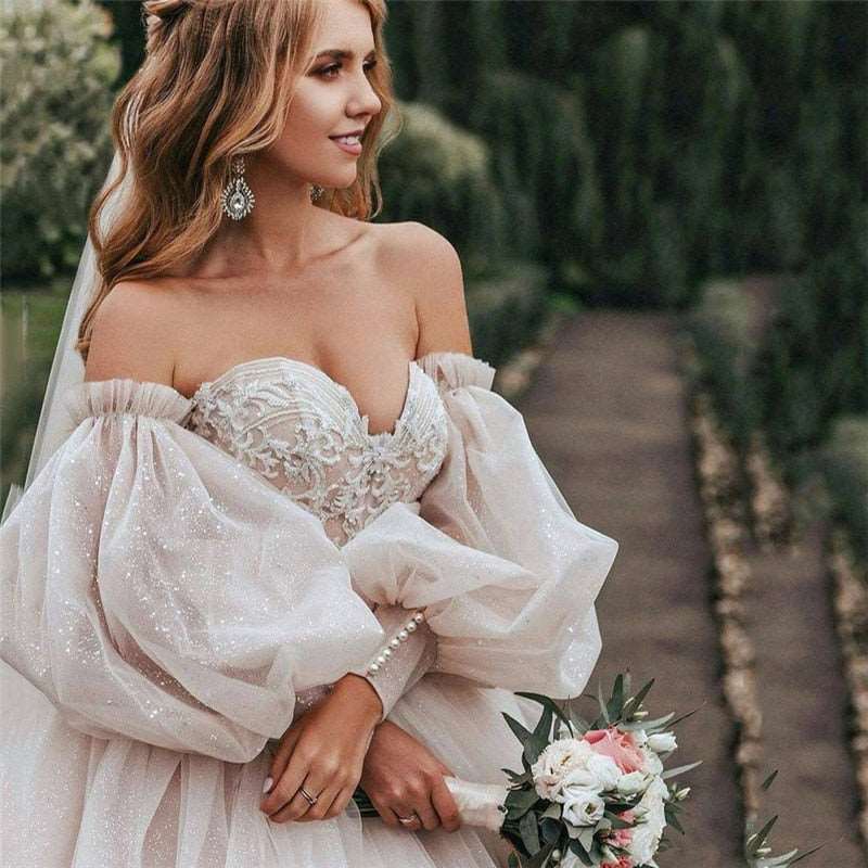 Abito da sposa boho 2023 rosa sporco con maniche a sbuffo staccabili e pizzo scintillante - Bridetobe.it