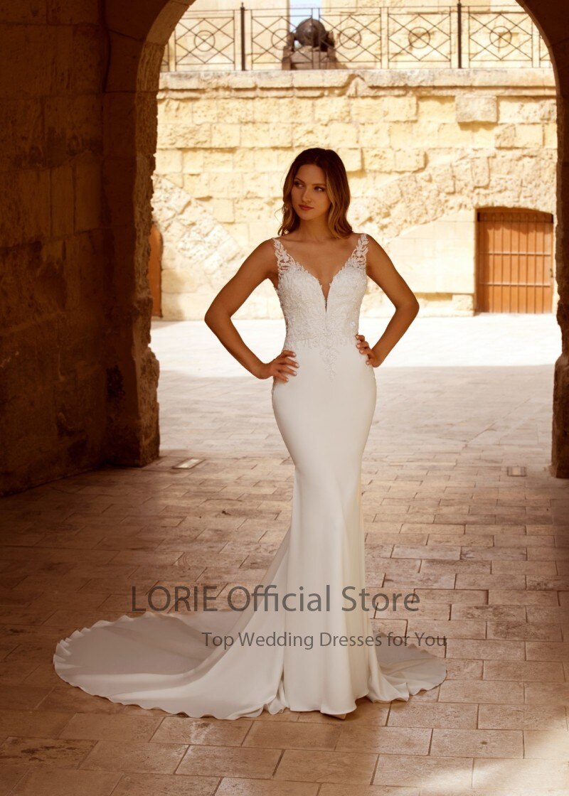 Abiti da sposa Boho con scollo a V in pizzo con applicazioni in chiffon elastico bianco senza schienale a sirena sposa di campagna - Bridetobe.it