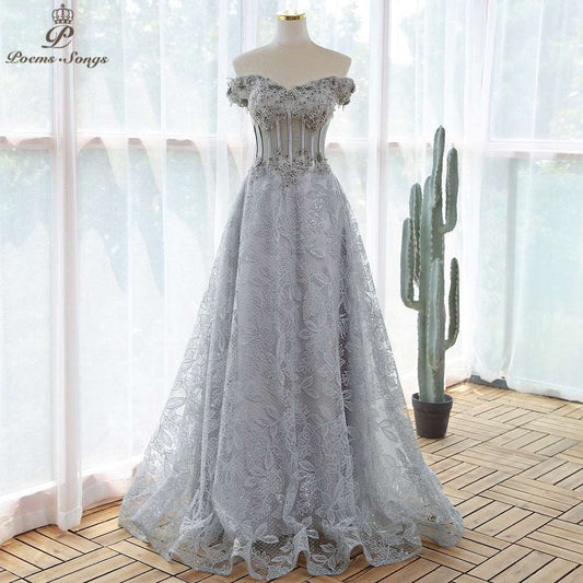 Abito da cerimonia elegante con paillettes e merletti grigi a fiori - Bridetobe.it