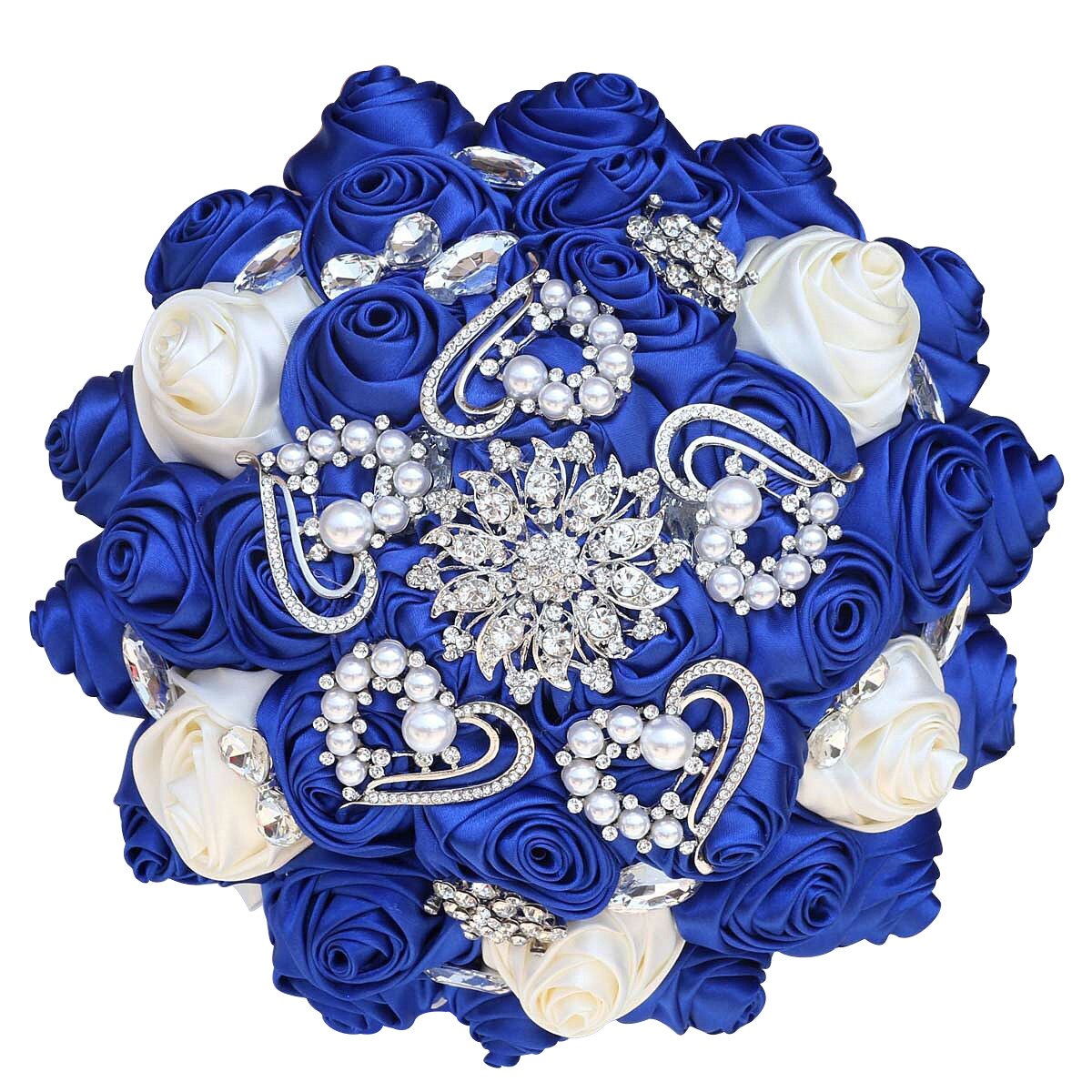 Bouquet sposa damigella fatto a mano con strass splendidi, pietre preziose, perle di diamante e rose di raso blu reale - Bridetobe.it